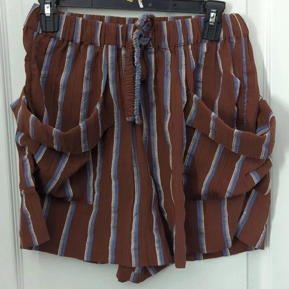 Free People Striped Shorts Brown Blue High Waisted Drawstring Pockets - Picture 2 of 8